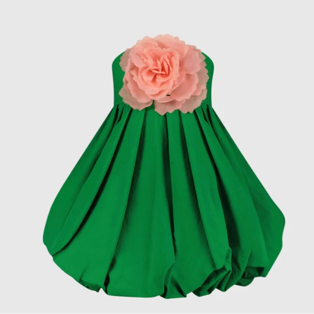 SPRING GREEN STRAPLESS FAILLE MINI DRESS WITH 3D FLOWER